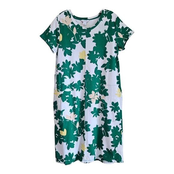 LIZ CLAIBORNE Women's L Dress Shift Green White Tropical Floral Pockets Cotton - Picture 2 of 9